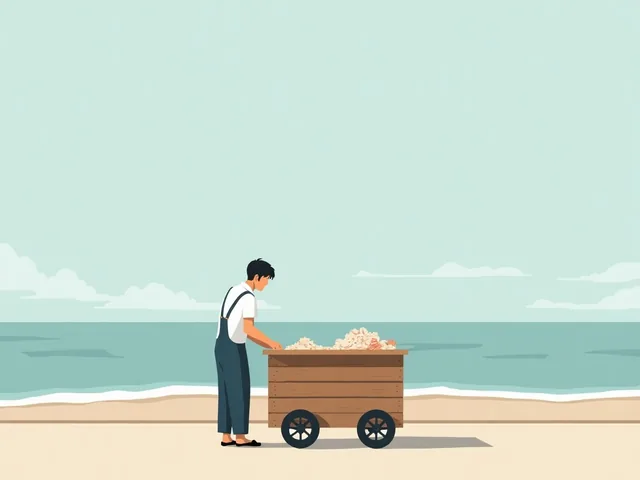 ภาพประกอบรถเข็นขายของที่ระลึกที่หาดป่าตองยามเย็น